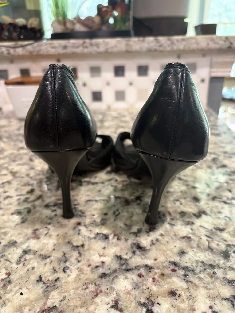 Maripe Black Leather Peep-Toe Heels